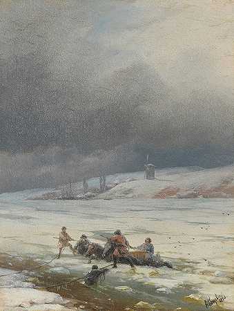 把马和车从冰里拖出来`Hauling a Horse and Cart out of the Ice (1876) by Ivan Konstantinovich Aivazovsky