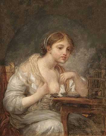 带鸟笼的年轻女子`A Young Woman With a Birdcage by Jean-Baptiste Greuze