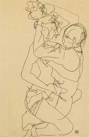 情侣拥抱`Paar Im Umarmung (Couple embracing) (1914) by Egon Schiele