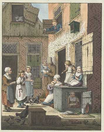 一群人站在一所房子的门口`Groep mensen voor de deur van een woning (1758 ~ 1808) by Christina Chalon