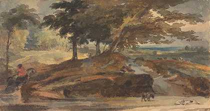 有小丘有树木的景观，骑马的人物`Landscape with Knoll with Trees, Figure on Horseback by Thomas Sully