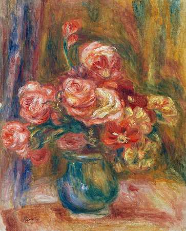一瓶玫瑰花`Vase of Roses (c. 1890 1900) by Pierre-Auguste Renoir
