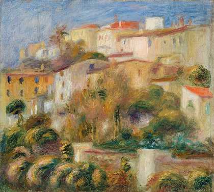 山上的房子（山坡上的一组房子）`Houses on a Hill (Groupe de maisons sur un coteau) (1908) by Pierre-Auguste Renoir
