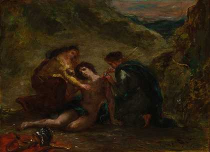 圣塞巴斯蒂安与圣艾琳及随从`St. Sebastian with St. Irene and Attendant (1858) by Eugène Delacroix