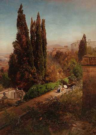 从罗马弗拉斯卡蒂托洛尼亚别墅的花园俯瞰`View from high in the gardens of Villa Torlonia, Frascati, Rome (1881) by Oswald Achenbach