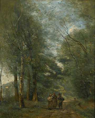 城市D艾夫雷。L沿线道路上的农民池塘`Ville Davray. Paysans Causant Sur Le Chemin Longeant Létang by Jean-Baptiste-Camille Corot