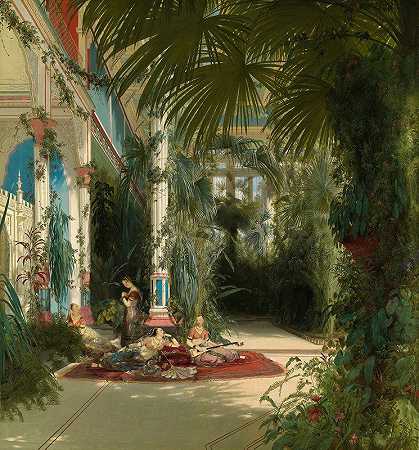 波茨坦附近普法耶尼塞尔棕榈屋的屋内`The Interior of the Palm House on the Pfaueninsel Near Potsdam (1834) by Carl Blechen