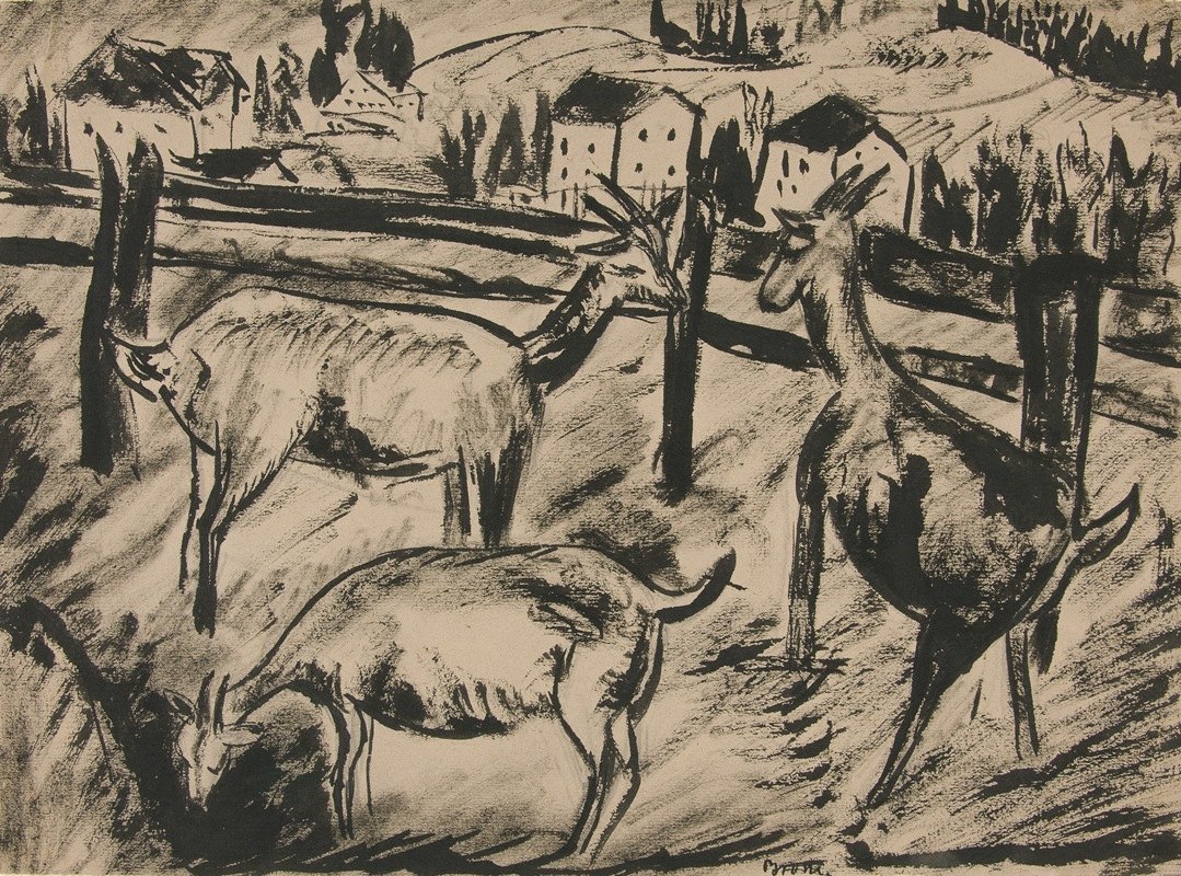 山羊与风景`Goats and Landscape (ca. 1920–1929) by Dora Bromberger