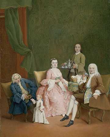 一个威尼斯家庭的肖像，一名男仆端着咖啡`Portrait of a Venetian Family with a Manservant Serving Coffee (c. 1752) by Pietro Longhi