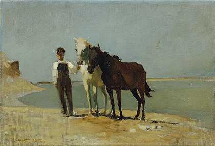 一个在海滩上骑马的男孩`Ein Junge mit Pferden am Strand (1872) by Franz Rumpler