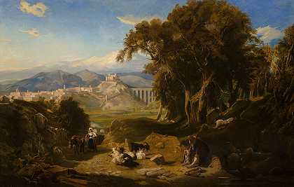 乌姆布里安平原的景色，远处是斯波莱托，前景是牧羊人和他的羊群`A view of the Umbrian campagna with Spoleto in the distance and a goatherd and his flock in the foreground (1833) by Thomas Hartley Cromek