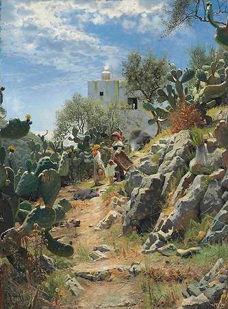 中午在卡普里的仙人掌种植园`At Noon On A Cactus Plantation In Capri (1885) by Peder Mørk Mønsted