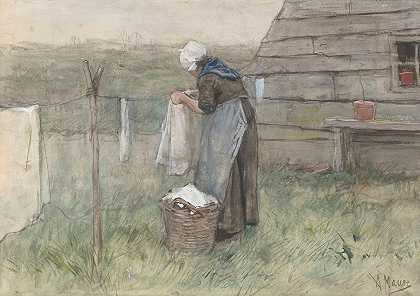 晾衣绳旁的女人`Vrouw bij een waslijn (1848 ~ 1888) by Anton Mauve