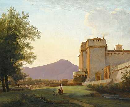 格罗塔费拉塔修道院的景观`A View Of The Abbey Of Grottaferrata by Pierre-Athanase Chauvin