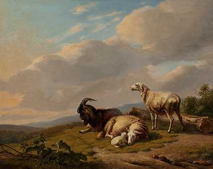 风景中的绵羊和山羊`Sheep and Goats in a Landscape (1851) by Eugène Joseph Verboeckhoven