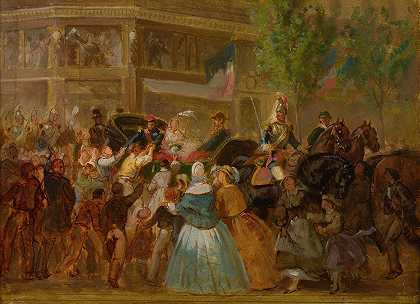 拿破仑三世皇帝和尤金妮皇后乘坐马车`Emperor Napoleon III And Empress Eugenie In A Carriage (Mid~19th Century) by French School
