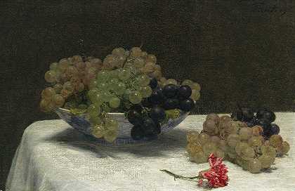 葡萄和康乃馨的静物画`Still Life with Grapes and a Carnation (c. 1880) by Henri Fantin-Latour