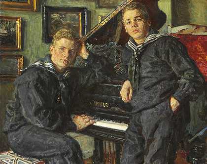 英格瓦和斯文穿着水手服坐在大钢琴旁。双画像`Ingvar og Sven i matrostøj ved flygelet. Dobbeltportræt (1913) by Viggo Johansen