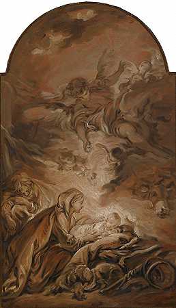 带着盘旋天使的耶稣诞生`The Nativity With A Hovering Angel by François Boucher