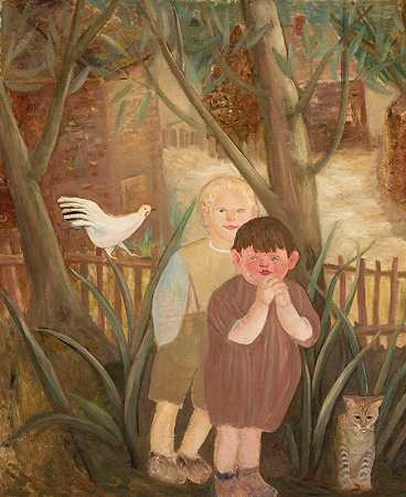 两个孩子和一只猫`Two children with a cat (1920) by Tadeusz Makowski