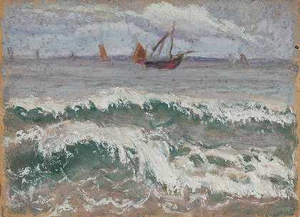 波涛汹涌的大海`Stormy sea with boats (1914) by Tadeusz Makowski
