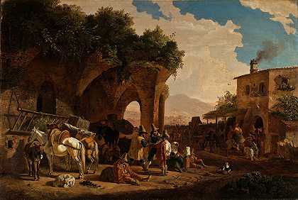 意大利骨牌前的一幕`Scene In Front Of An Italian Osteria (1831) by Heinrich Bürkel