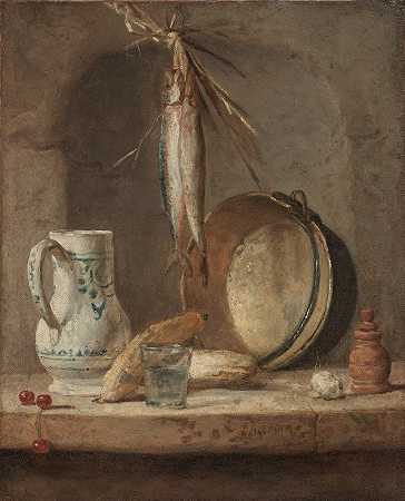 青鱼静物`Still Life with Herrings (c. 1735) by Jean-Baptiste-Siméon Chardin