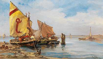 威尼斯环礁湖的渔民`Fishermen in the Venetian Lagoon by Leontine von Littrow