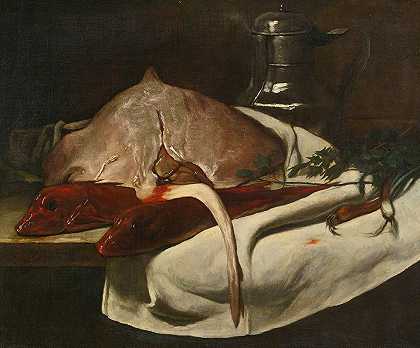 带刺鳐和红鲻鱼的静物画`Still Life With Sting Ray And Red Mullets (1870) by François Bonvin