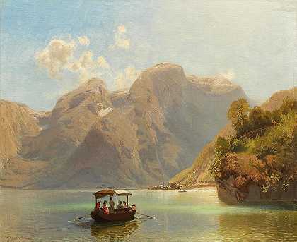 Salzkammergut，哈尔斯塔特湖上的一次乘船旅行，背景是哈尔斯塔特`Salzkammergut, a Boat Trip on Lake Hallstättersee, Hallstatt in the Background by Anton Hlavacek