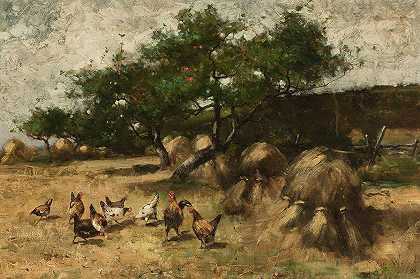 院子里的公鸡`Roosters in the Yard (1886) by Max Weyl