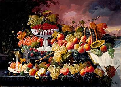 风景中的水果静物`Fruit Still Life in a Landscape (circa 1862~1872) by Severin Roesen