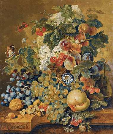 一种静物画，在石头架上放着一篮水果、坚果和花`A Still Life With A Basket Of Fruit, Nuts And Flowers On A Stone Ledge (1812) by Jacobus Linthorst