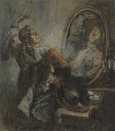 在镜子前摆姿势的演员`Actor Posing In Front Of A Mirror (1870s) by Honoré Daumier