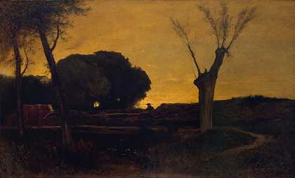 晚上在马萨诸塞州梅德菲尔德`Evening at Medfield, Massachusetts (1875) by George Inness