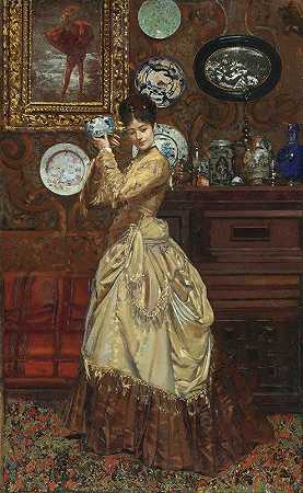 欣赏瓷器`Admiring the porcelain (1885) by Édouard Frédéric Wilhelm Richter