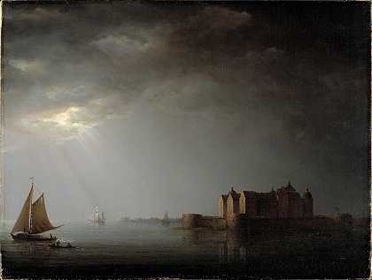 卡尔马城堡`Kalmar Castle by Moonlight (1835) by Moonlight by Carl Johan Fahlcrantz  