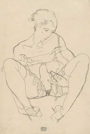 穿着衬衫坐着的女人`Seated Woman in Chemise (1914) by Egon Schiele