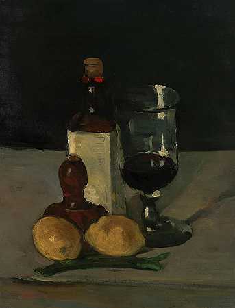 瓶子、玻璃和柠檬的静物画`Still Life With Bottle, Glass, And Lemons