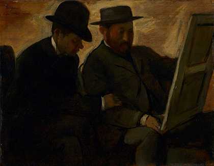 保罗·拉方德和阿尔方斯·切尔费尔斯正在检查一幅画`Paul Lafond and Alphonse Cherfils Examining a Painting (c. 1878 1880) by Edgar Degas