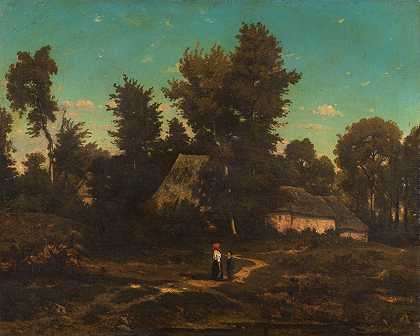小屋景观`Paysage aux chaumières (19th Century) by Henri-Joseph Harpignies