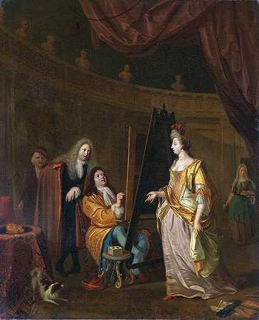 一位艺术家在他的画室里画一位女士的肖像`An Artist in his Studio, Painting the Portrait of a Lady (1707) by Ludolf Bakhuysen