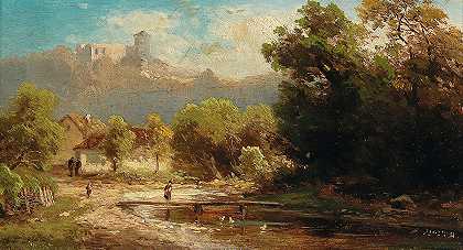鸭池景观和城堡景观`Landscape with Duck Pond and View of a Castle by Anton Hugo Ullik