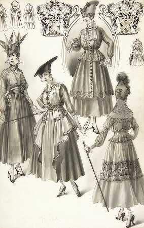 四件女式连衣裙的全裙设计`Designs For Four Women\’s Dresses With Full Skirts