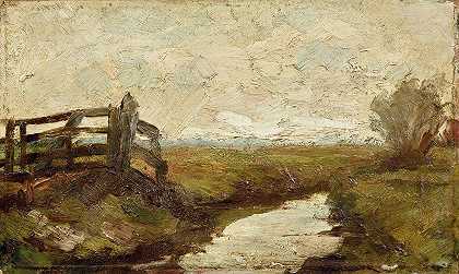 左侧带木门的灌溉沟`Irrigation ditch with wood gate at left (1894–1895) by Piet Mondrian