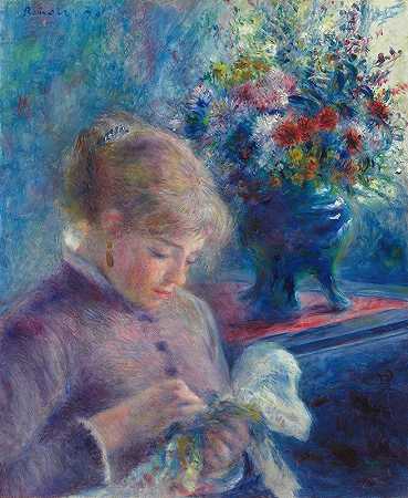年轻女子缝纫`Young Woman Sewing (1879) by Pierre-Auguste Renoir