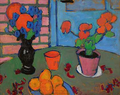 带花和橘子的静物（带花和橘子的静物）`Stillleben Mit Blumen Und Orangen (Still~Life With Flowers And Oranges) (circa 1909) by Alexej von Jawlensky