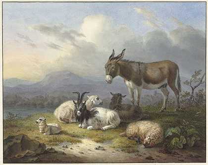 有驴子、山羊和绵羊的景观`Landschap met ezel, geit en schapen (1791 ~ 1850) by Dirk van Oosterhoudt