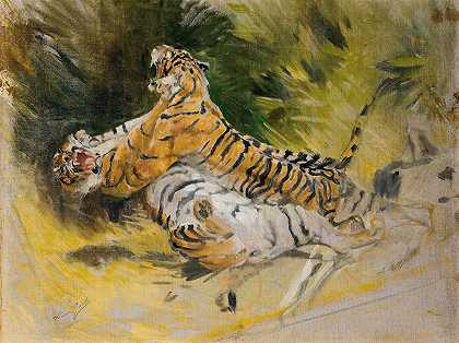 两只老虎在打架`Two tigers fighting by Aimé Morot