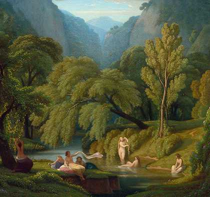 游泳者，Tivoli Anio河岸的纪念品`The Bathers, Souvenir of the Banks of the Anio River at Tivoli (c. 1860) by Théodore Caruelle d&;Aligny